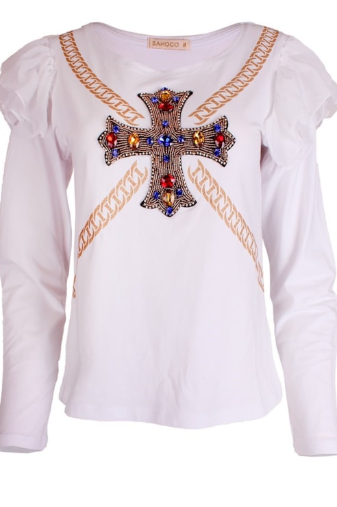 T-shirt com joias e folhos