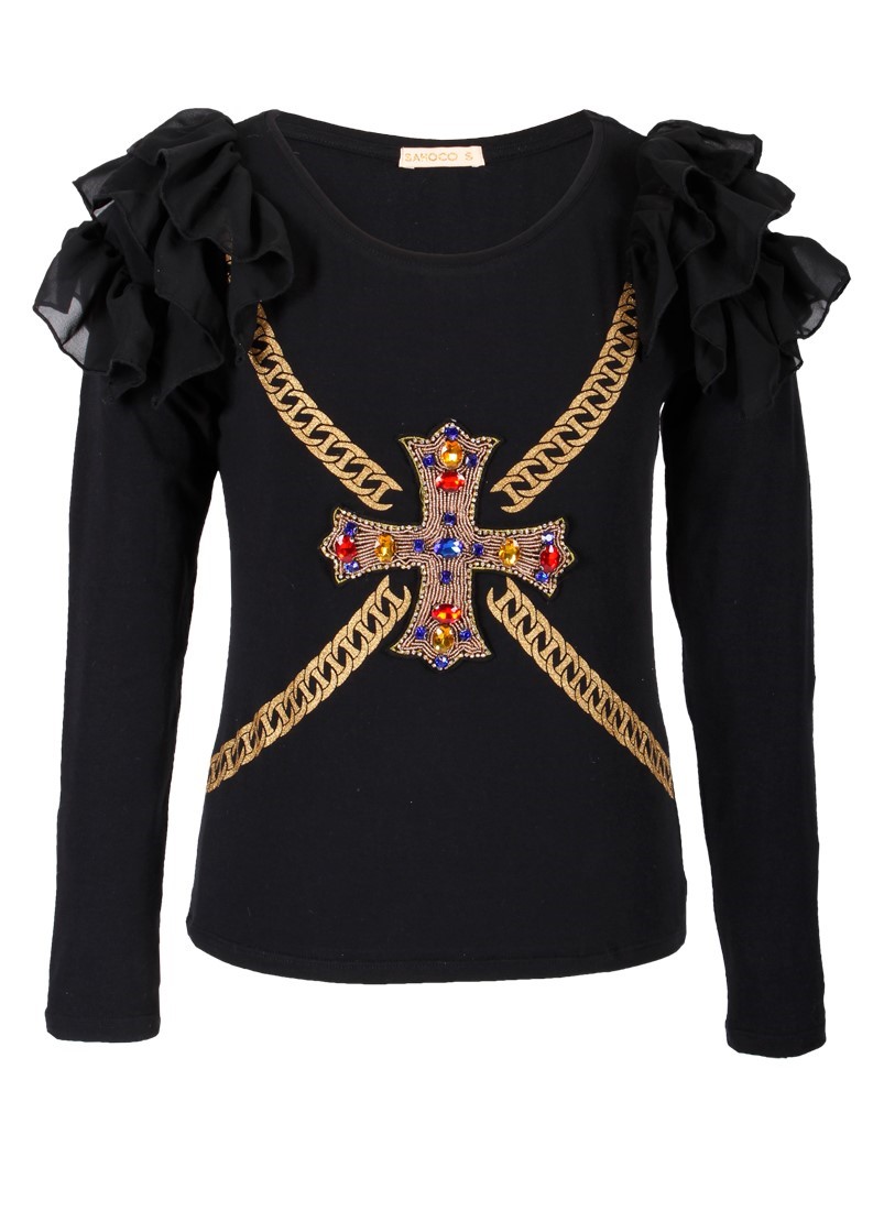 T-shirt com joias e folhos