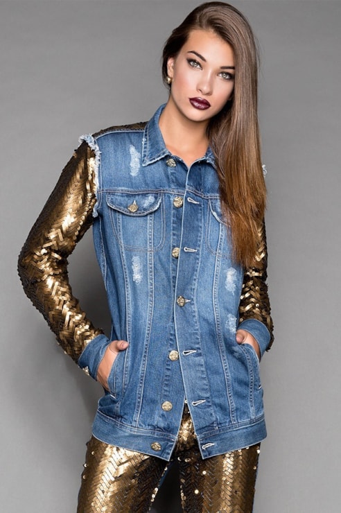 Combined coat with sequin sleeves