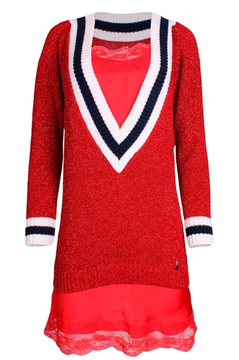 Camisola comprida de tricot decote em bico