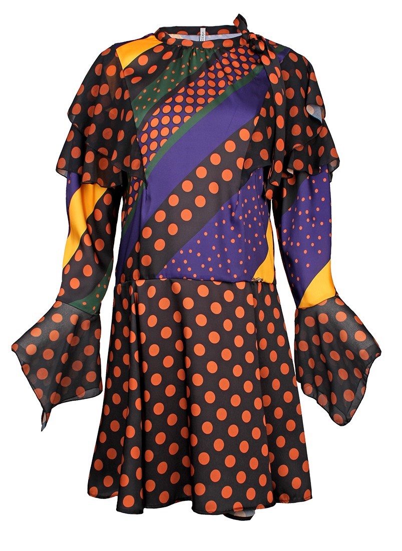 Vestido estampado com folhos