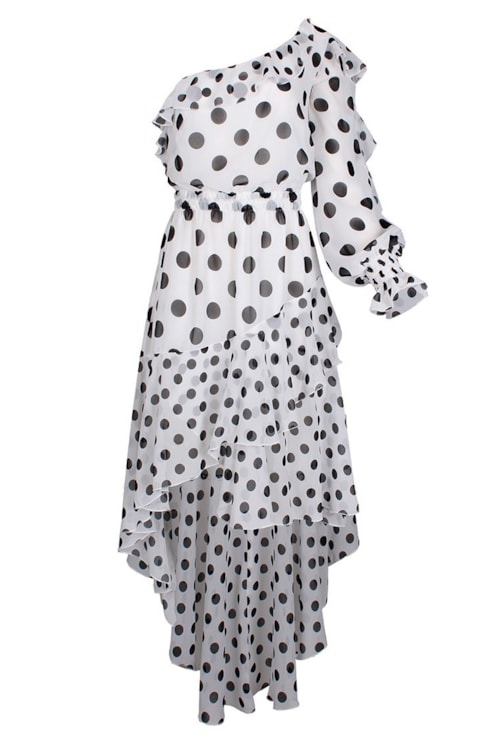 Vestido assimétrico com folhos