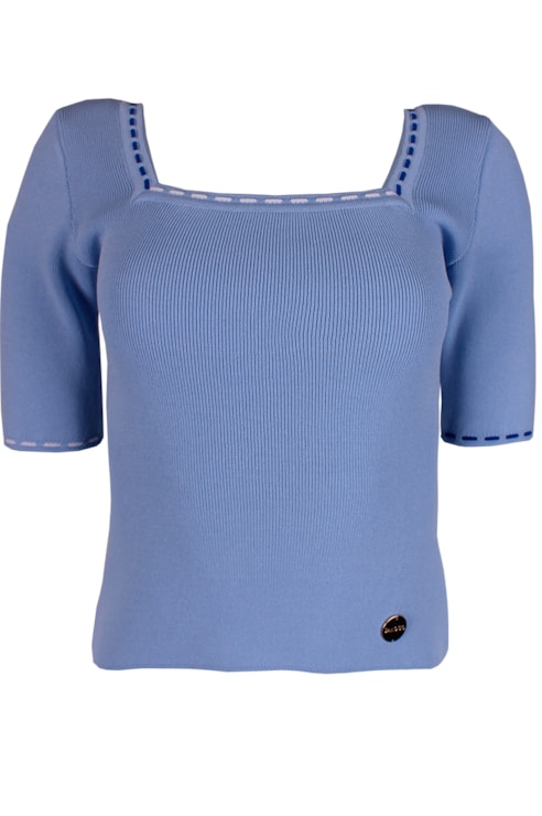 Knit sweater with wide neckline with backstitching