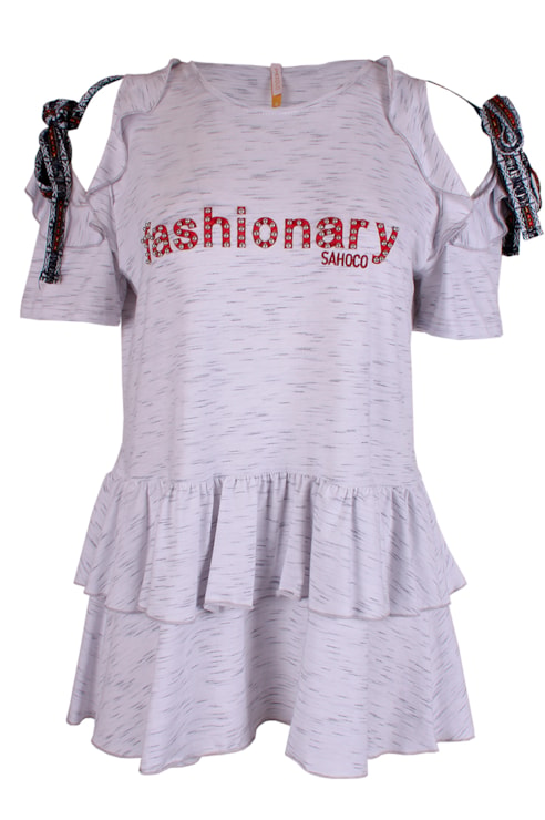 T-shirt folhos com abertura no ombro
