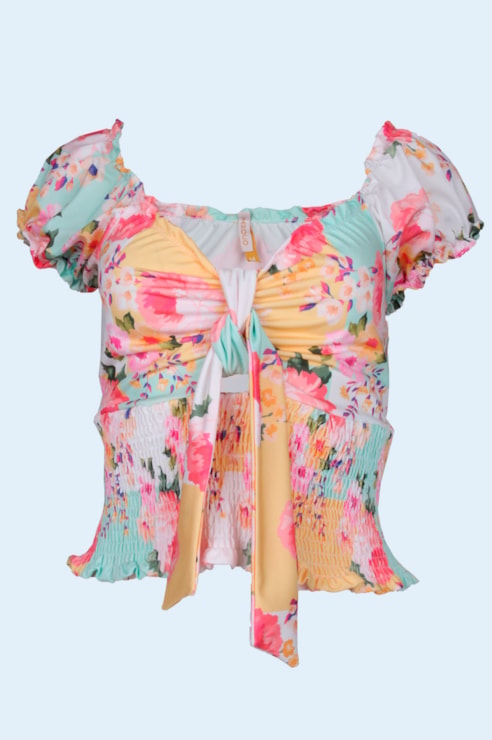 Blusa estampada com franzido e nó
