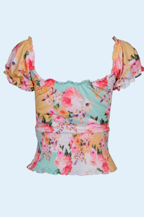 Blusa estampada com franzido e nó