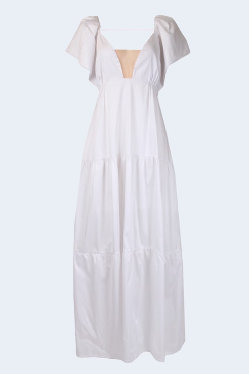 Vestido comprido com folhos e tule