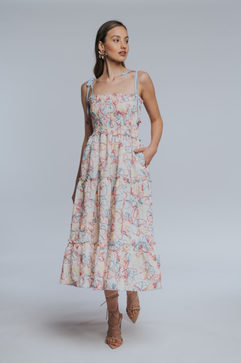 Vestido midi folhos