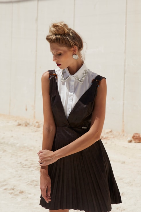 Peachskin effect pleated dress