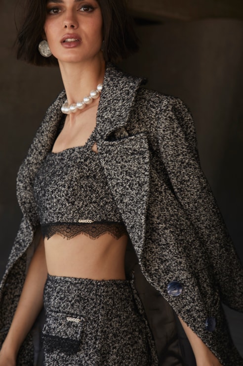 Tweed jacket with belt
