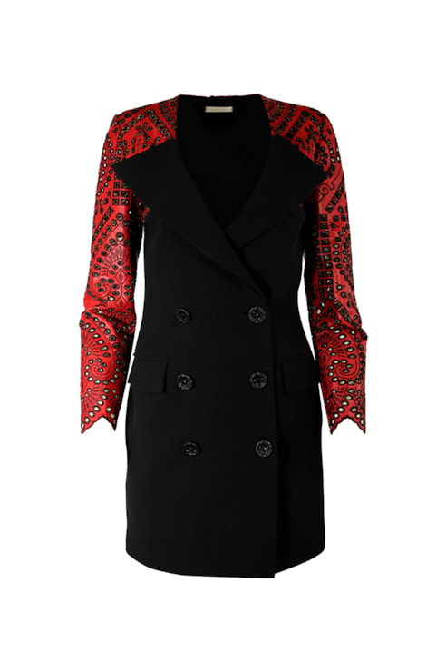 Blazer dress with embroidered faux leather sleeves.