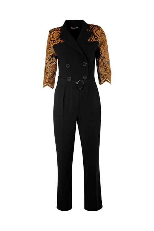 Jumpsuit with embroidered faux leather sleeves.