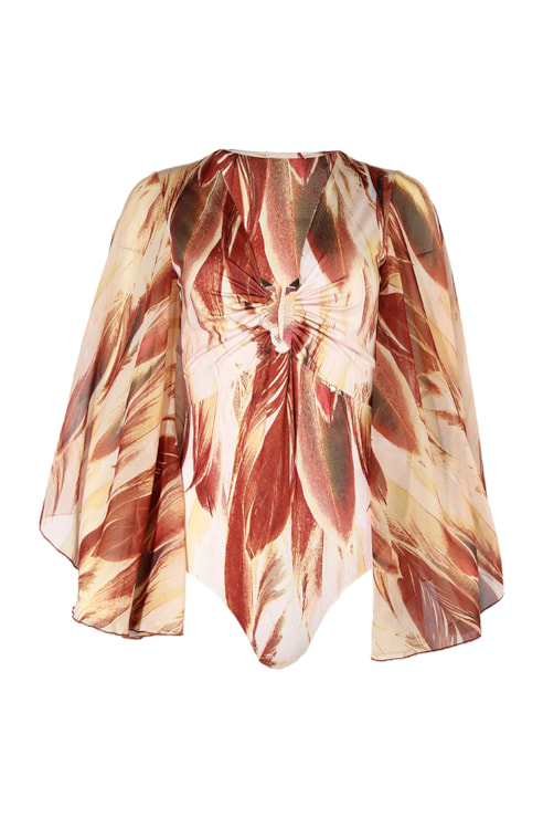 Printed bodysuit with flowing sleeves