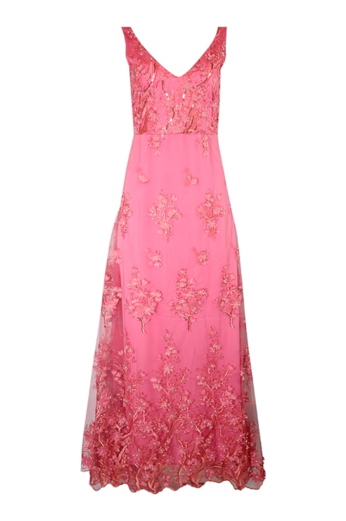 Vestido comprido flores bordadas