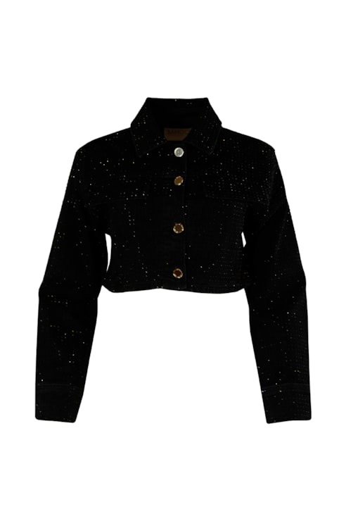 Cropped denim jacket with rhinestone embellishments