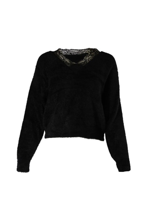 Knitted sweater with lace neckline