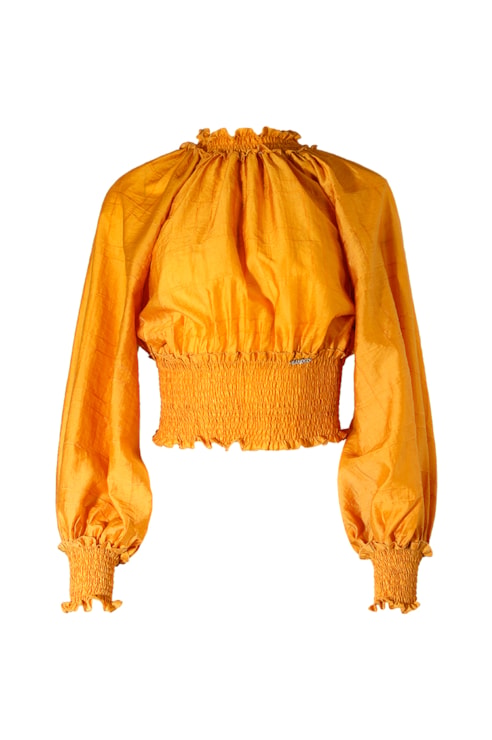 Blouse with gathered collar and cuffs