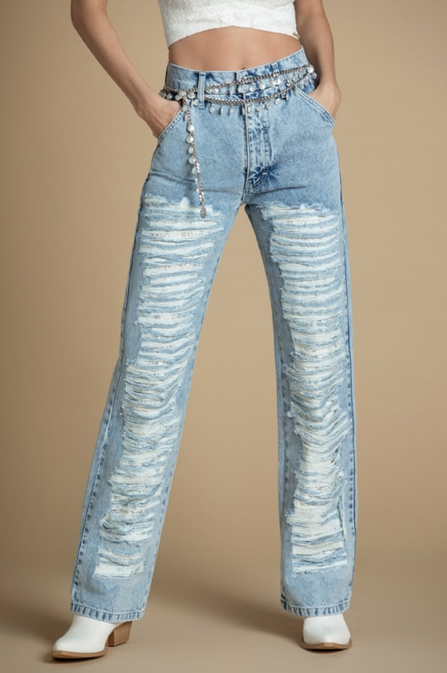 High-waisted jeans with rips and lace detailing